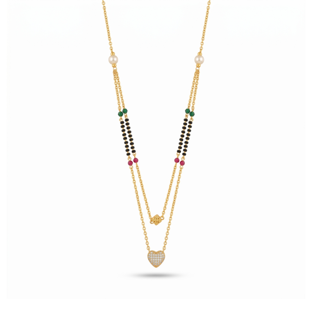 Elegant Double Layer Heart Pendant Black Bead Mangalsutra