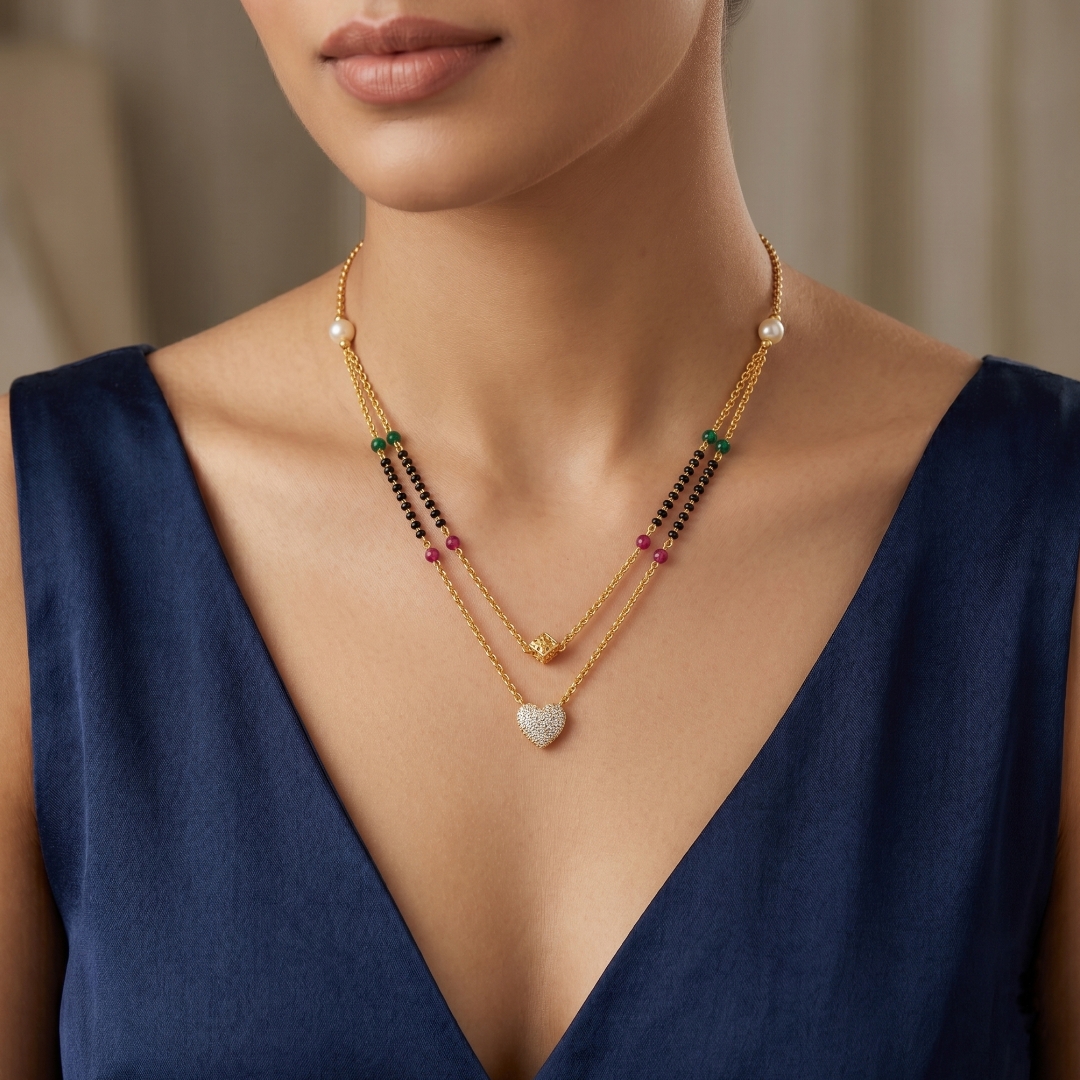 Elegant Double Layer Heart Pendant Black Bead Mangalsutra - Image 3