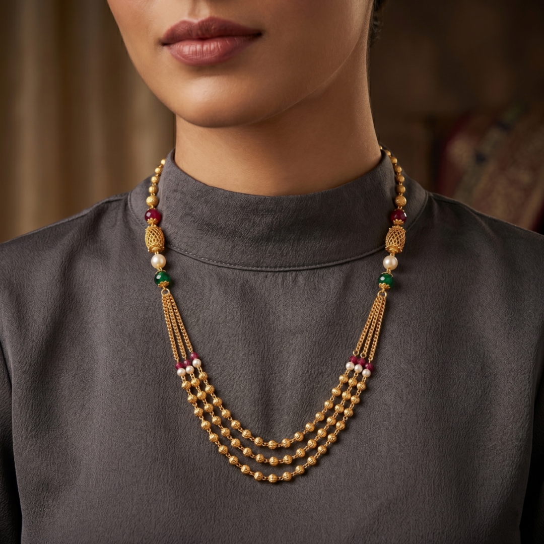 Elegant Gold Plated Multi-Bead Tassel Necklace - Image 2